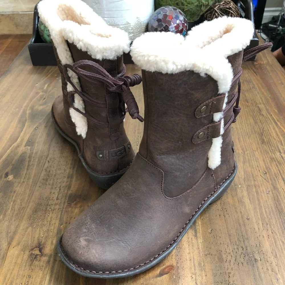 UGG Brown Leather Shearling-Lined Winter Boots